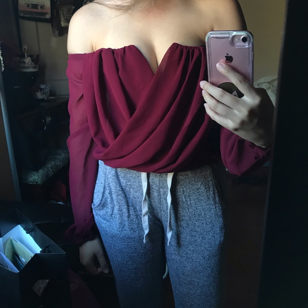 Burgundy off the Shoulder V Blouse
